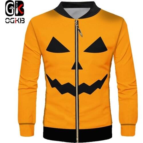 OGKB Man Halloween Zip Jacket Yellow Lovely 3D Printed Funny Human Face Pumpkin Pattern Wholesale Leisure Mens Coat 6XL