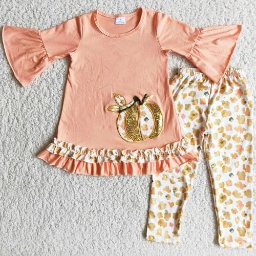 New Fashion Kids Designer Clothes Girls Halloween Clothing Sets Embroidery Pumpkin Sequins Boutique Baby Girls Clothes Wholesale