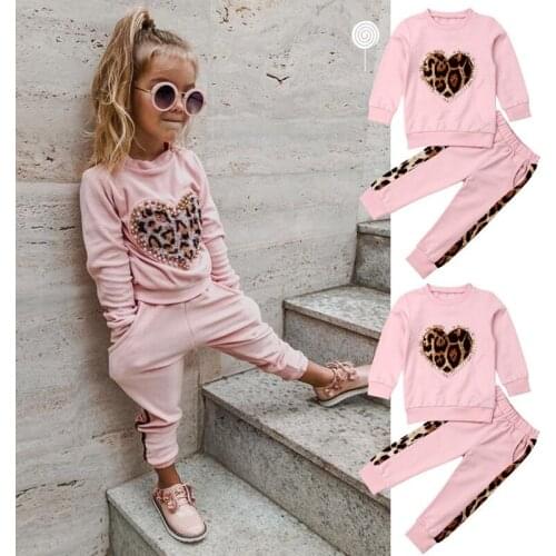 New Kids Clothes Sets Fashion Girls Spring Autumn Clothing Pink Heart Leopard Sweater Tops+Pants Suits Childrens Casual 2-piece