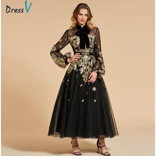 Dressv black evening dress high neck a line elegant long sleeves ankle-length wedding party formal dress evening dresses