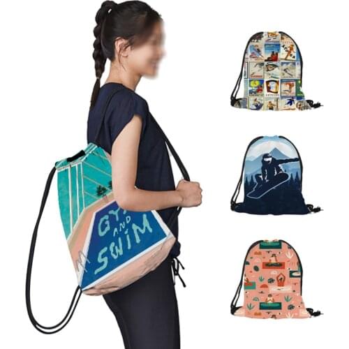 Casual Sport Theme Skiing Painting 2021 Fashion Drawstring Bag Backpacks Women Large Capacity Rucksack Shoulders Backpacks
