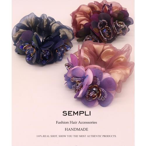 Sempli Flower Hair Bows for Girl Haar Elastiekjes Silk Scrunchie Hairband Hair Tie Scranchis Hair Rubber Band accesorios cabello