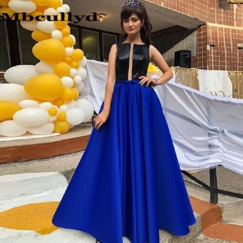 Mbcullyd A-line Royal Blue Evening Dresses Long 2020 Top Black Sequined Prom Party Gowns Customize abiti da cerimonia da sera