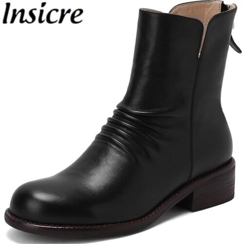 Insicre Genuine Leather Women Round Toe Ankle Boots Thick Heel Pleated Zipper Ladies Autumn Winter Black Beige Casual Wild Shoes