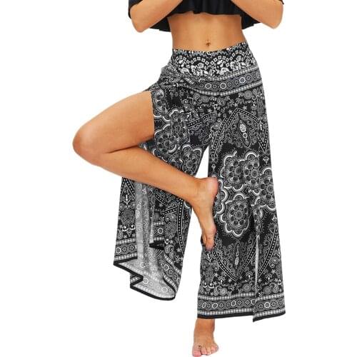 Women’s Boho Hippie Split Pants with Wide Leg Training Yoga Pants,Bohemian Loose Palazzo Aladdin Pants Casual Floral Trousers