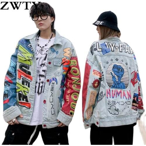 ZWTY Woman Spring Jackets Hip Hop Fashion Printed Jeans Jacket Men Cotton Casual Streetwear Short Style Denim Jacket Coat for
