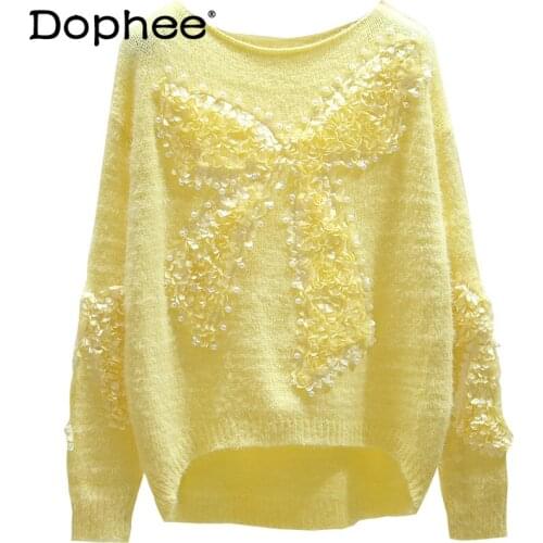 Womens Beaded Sweater Spring and Autumn New Loose Outer Wear Elegant Lazy Knitted Sweater Pullover Mohair Bottoming Knitwear