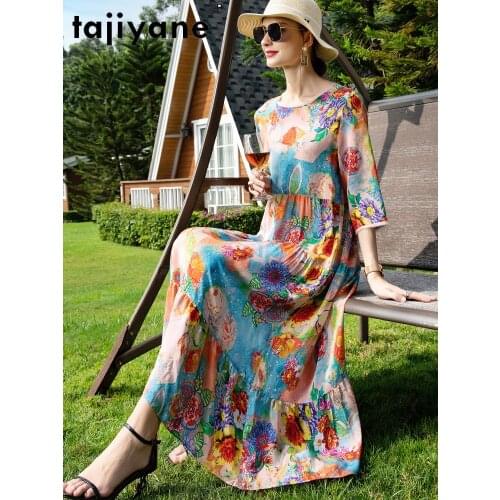 Women for Desses 100% Silk Long Dress Floral High Quality Woman Cloth Real Silk Womens Dresses Causal Robes TN2527