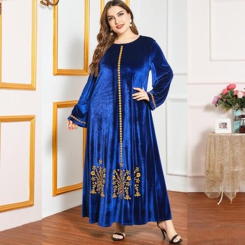 Winter Muslim Women Velvet Dress Moroccan Kaftan Dubai Long Robe Jubah Turkey Arabic Embroidery Hijab Vestidos Islamic Clothing