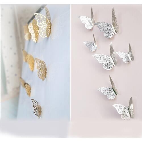 12pcs / lot 3D Gold and Silver Butterfly Wall Decals Home Artistic Wall sticker Decorations for Butterfly Display for Party and