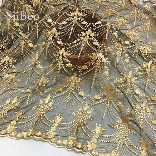 3D Gold floral embroidery mesh lace fabric for wedding party dress floral jacquard tissue telas tecidos free shipping SP4515