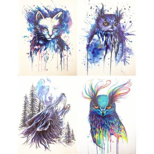 4PCS/SET Hot Sale 21X15cm Colorful Blue Wolf Cat Owl Fashion Cool Temporary Tattoo Combo#011