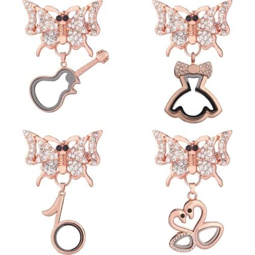 5pcs/lot Golden Rhinestone butterfly insect Brooches Glass Living Memory Lockets Fit Floating Charms Women Party Gift Jewelry