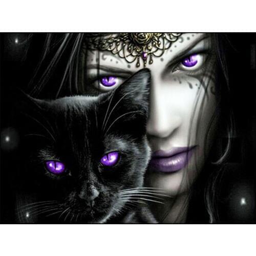 5D DIY Diamond Painting Black Cat and Girl Crystal Mosaic Pictures Full Square Drill Diamond Embroidery Cross Stitch Needlework