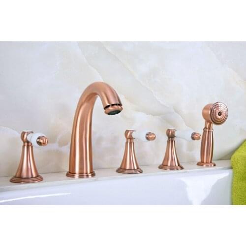 Antique Red Copper Five Hole Deck Mount Bathroom Tub Faucet Set with Handheld Shower Spray Head Mixer Tap Dtf209