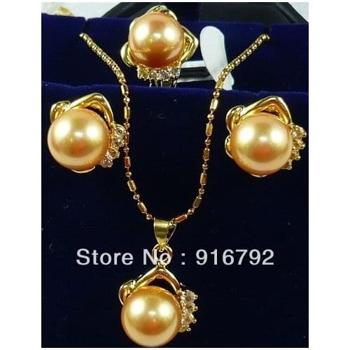 Free shipping ******10mm Yellow shell pearl 18KGP pendant earring ring