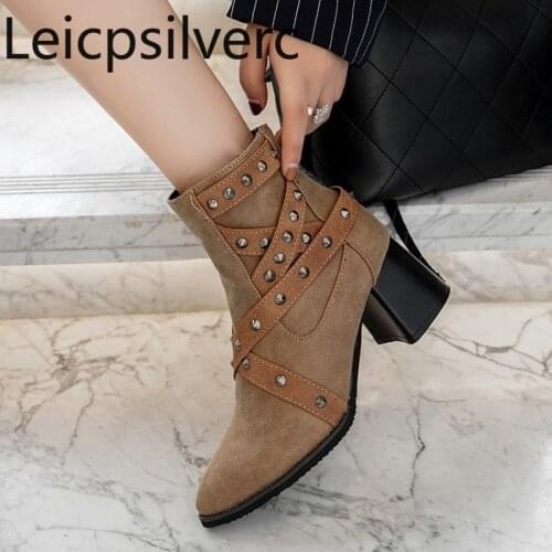 Womens Boots Autumn And Winter The New fashion Pointed zipper Thick heel mid heel Short tube Womens shoes plus size 35-48