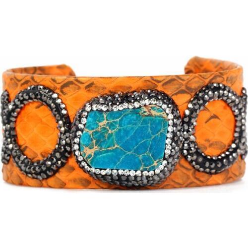 Natural Python Leather Bangle Bracelet Pave Rhinestone Genuine Leather Charm Snakeskin Open Cuff Bracelet 8 Style