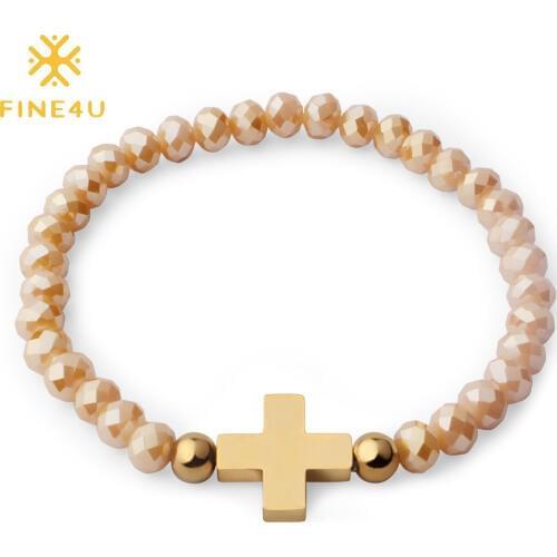 FINE4U B180 Stainless Steel Cross Charm Bracelet Adjustable Beaded Bracelets Crucifix Rosary Jewelry 4 Colors Choices