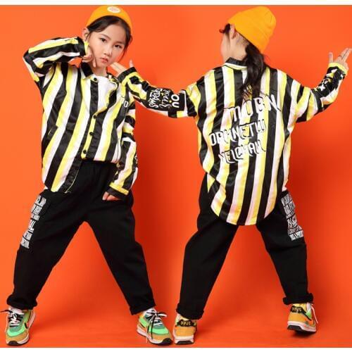 Children Cool Striped Lapel Shirt Tops Black Running Casual Hip Hop Pants Clothing for Girls Boy Jazz Dance Costume Clothes Wear