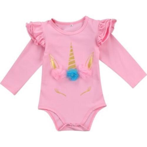 Baby Clothes Spring Rompers Female Baby Lotus Leaf Side Length Sleeve Kazakhstan Printing Unicorn Climb Clothes