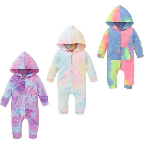 FOCUSNORM 0-18M Tie-Dye Printed Baby Girls Boys Rompers Long Sleeve Zipper Hooded Autumn Jumpsuits 3 Colors