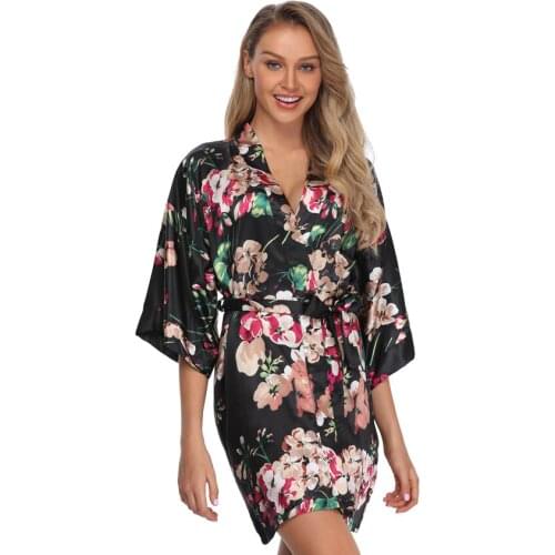 Womens Satin Robes Floral Wedding Pajama for Bride Bridesmaids Silky Summer Nightgown Sexy V Neck Lingerie Kimonos Short Sleeve
