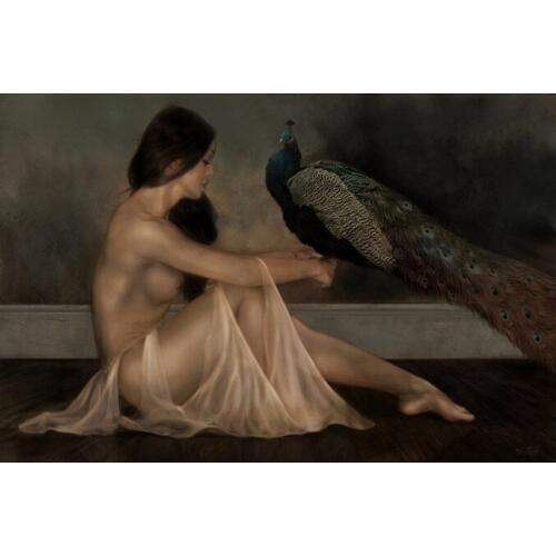 Free shipping impression figure nude art girl peacock canvas prints oil painting printed on canvas wall decoration picture