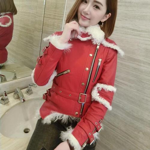 Locomotive Style Leather Genuine Mongolia Sheep Wool Women Slim Fur Real Ladies Winter Genuine Sheepskin Leather Clothing