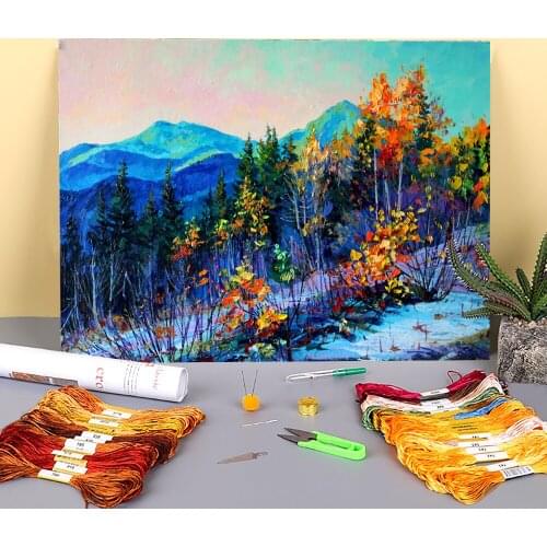Landscape Autumn Morning Printed Fabric 11CT Cross Stitch Embroidery Kit DMC Threads Needlework Knitting Handicraft Needle