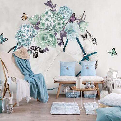8d abstract Flower Wallpaper walls 3D Wall Stickers Hand-painted Horse Butterfly Art Wall Mural for Living Room Decorate