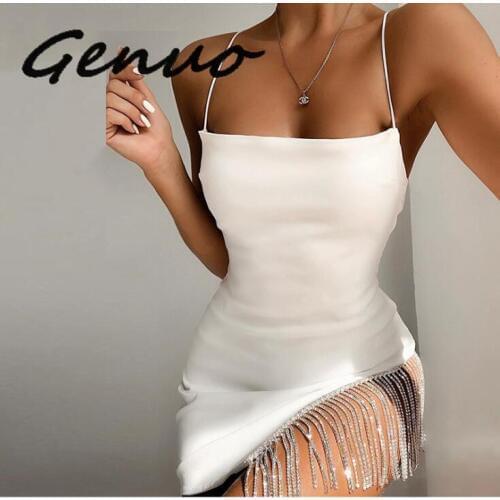 Genuo New 2019 Summer Sexy Tassel Elegant White Dress Bodycon Spaghetti Strap Party Dresses Women Slim Fit Club Mini Vestidos