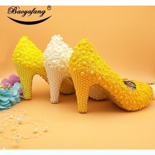 BaoYaFang New Arrival Ivory Flower Sweet Wedding shoes Yellow/Golden Lace shoes Woman 10cm heels shoes female party dress shoe