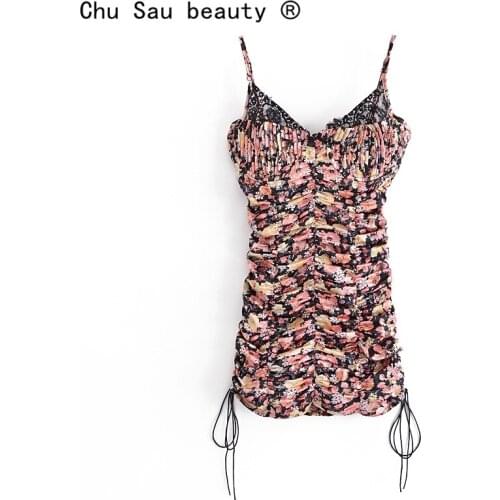 New Fashion Party Chic Floral Print Lace Patchwork Mini Dress Women Summer Sexy Slim Sling Dresses Female Vestido De Moda