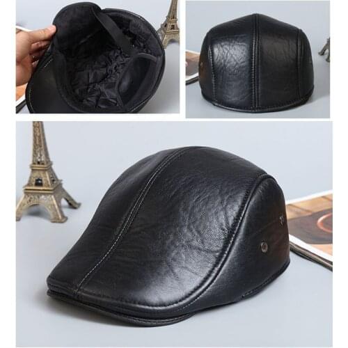 2021 Autumn and Winter First Layer Cowhide Mens Hat, Leather Ear Protection Beret, Sheepskin Outdoor Forward Cotton Hat