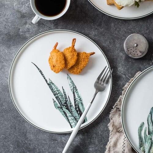 Scandinavian style underglaze Western food plate Simple floral pattern steak plate creative stackable dessert salad plate dish