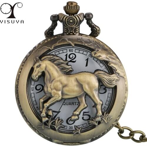 Hollow Bronze Running Horse Quartz Pocket Watch Fob Chain Pendant Pocket Clock Arabic Numerals Display Half Hunter Antique Clock
