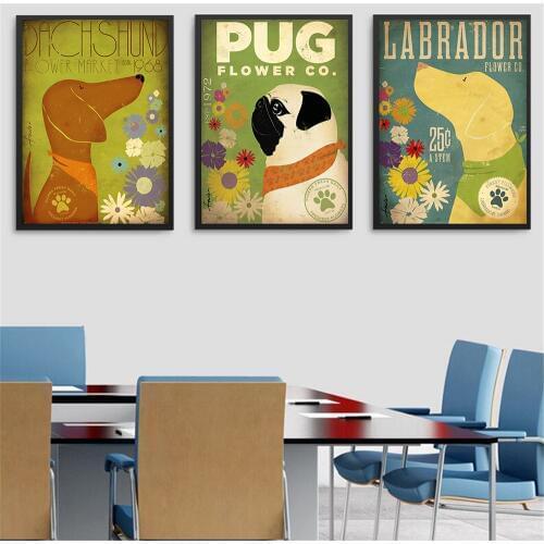 One Piece Posters and Prints Wall Art Rrtro Flower Dog Golden Bulldog Pug Living Room Decoration Cuadros Vintage Canvas Painting