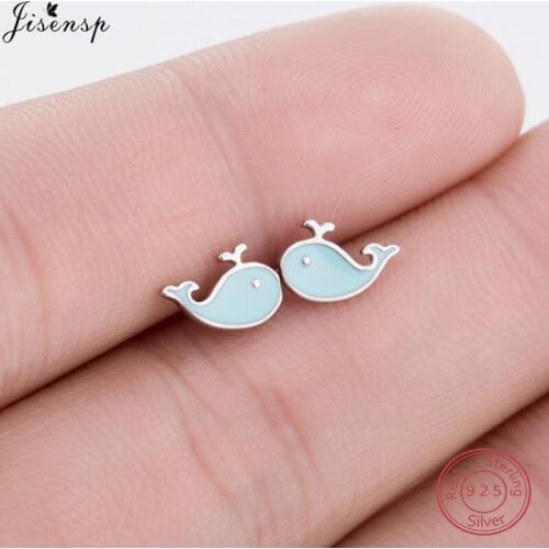 Jisensp 100% 925 Sterling Silver Cute Cartoon Blue Whale Earrings for Girl Symmetry Animal Fish Stud Earring Band Jewelry Brinco