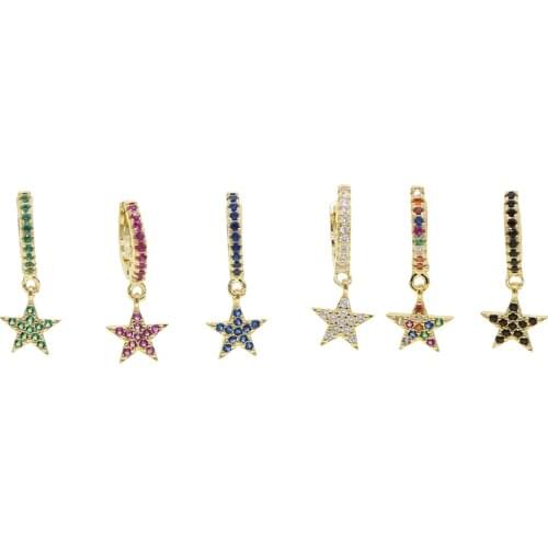 Bling charming star drop earrings for girls ladies mirco paved red blue green white CZ chic gold filled ear jewelry wholesale