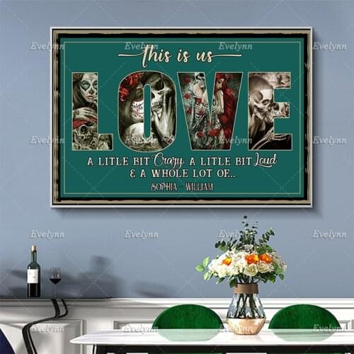 Tattooed Couple Poster,Anniversary Gift,Day of The Dead,Sugar Skull Couple Wall Art Canvas,Tattoo Lovers Gift,Home Decor Prints