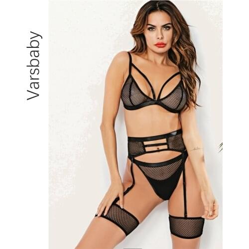 Varsbaby sexy see through garter set transparent socks bra + panties + garter + stockings 4 pieces/set