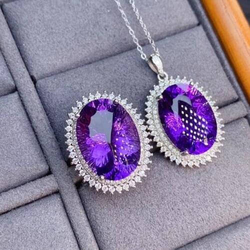 Vintage Charm 100% Natural and Real Amethys Set 925 Sterling Silver,1pc Amethys Ring,1pc Amethys Pendant