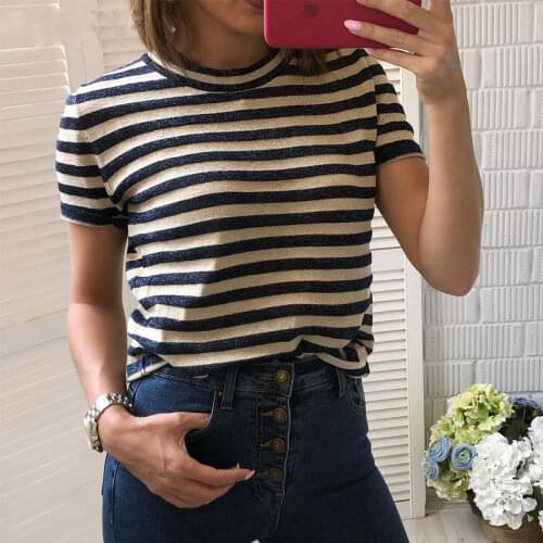 Spring Summer Female Top Casual Striped T-shirt Round Neck Short Sleeve Knit Thin T-shirt