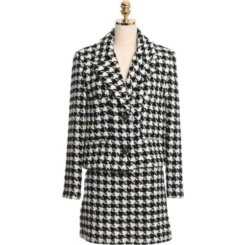 2021 Winter Woman Tweed Wool Suit Clothes Womens Fashion Single breasted Houndstooth Jacket Coat + Mini Skirt Set fall outfits