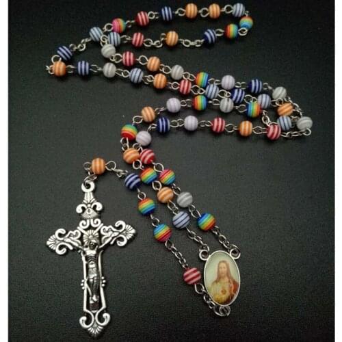Handmade Religious Cross Pendant Rosary Necklace Christ Chain Round Beads Choker Rainbow Resin Jewelry For Unisex Colorful
