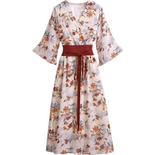 Plus Size Lady Floral Chiffon Dress New Womens Summer Dress Waist Fashion Thin Sexy V-Neck Vintage Dress Korean Clothing 2021