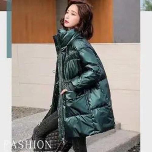 2021 Winter Womens Long Down Jacket Shiny Plus Size Solid Overcoat Female Stand Collar with Big Pockets Casual Female Cold Coat