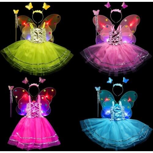 4pcs/set Shining Butterfly Cosplay Costume Stage Party Costume Fairy Girl Kid Flash Butterfly Wing Wand Headband Dress Set
