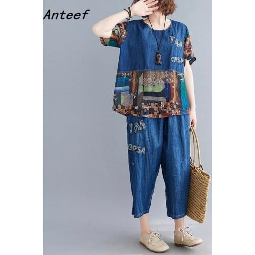 Denim vintage summer casual 2 two piece set loose short sleeve tee t shirt women t-shirt ladies tshirt 2021 tops jeans pants